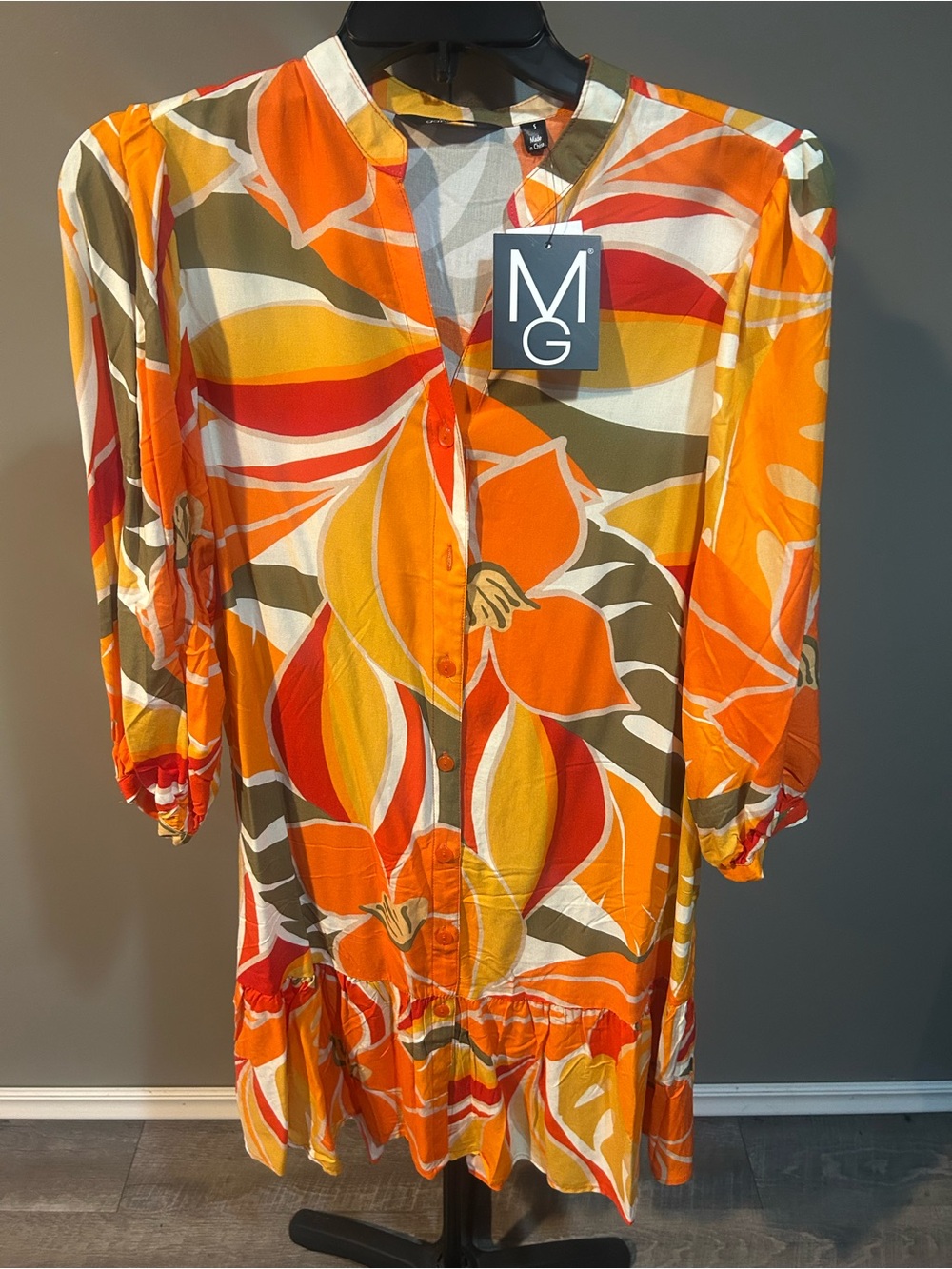 Mlle Gabrielle Orange Yellow Multi Floral Button-Front Dress